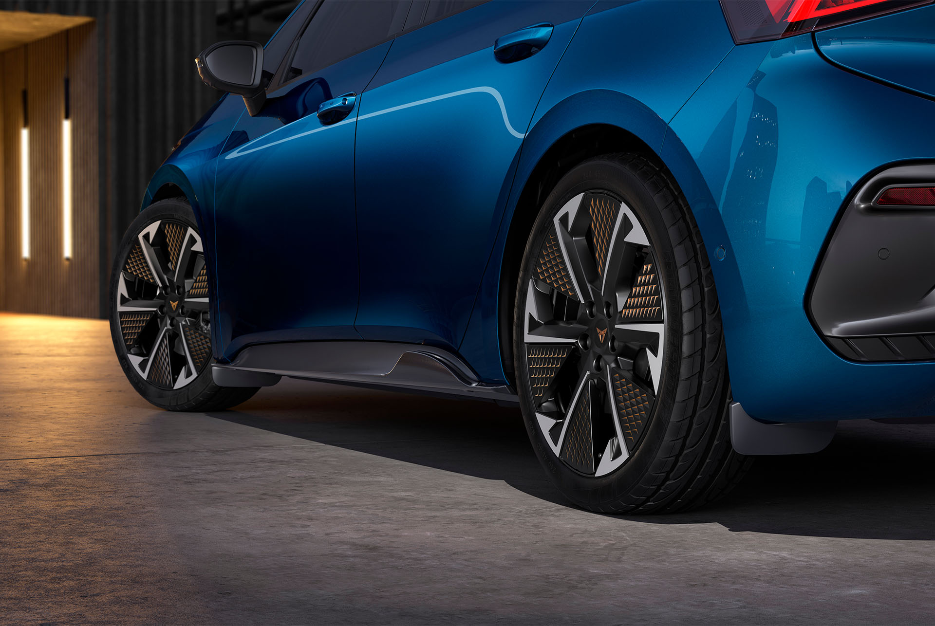 CUPRA Born Aurora Blue colour with rear mudflaps