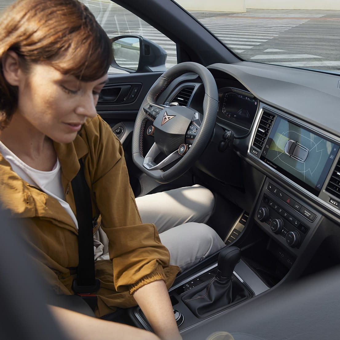 New CUPRA Ateca interior close view of 10.25-inch digital cockpit screen. Sporty SUV.