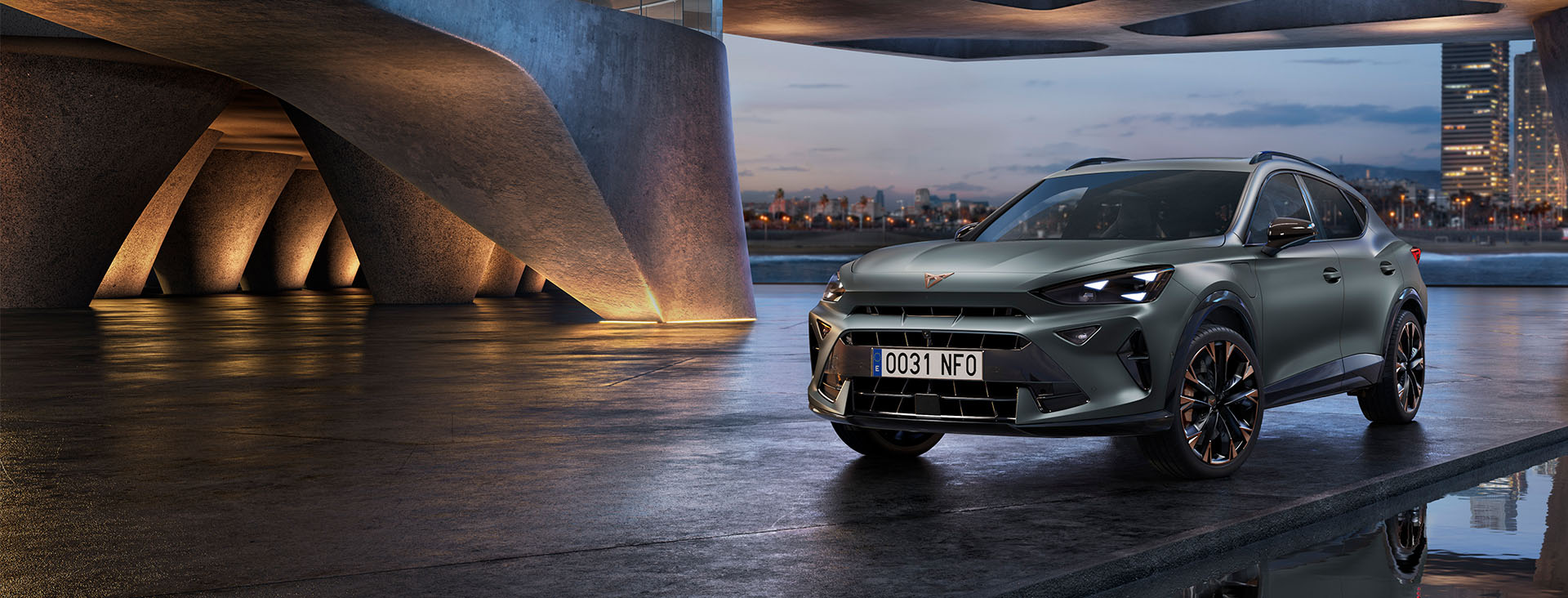 Hero-angle ¾ view of a CUPRA Formentor parked inside an open-structure building with the city skyline in the background.