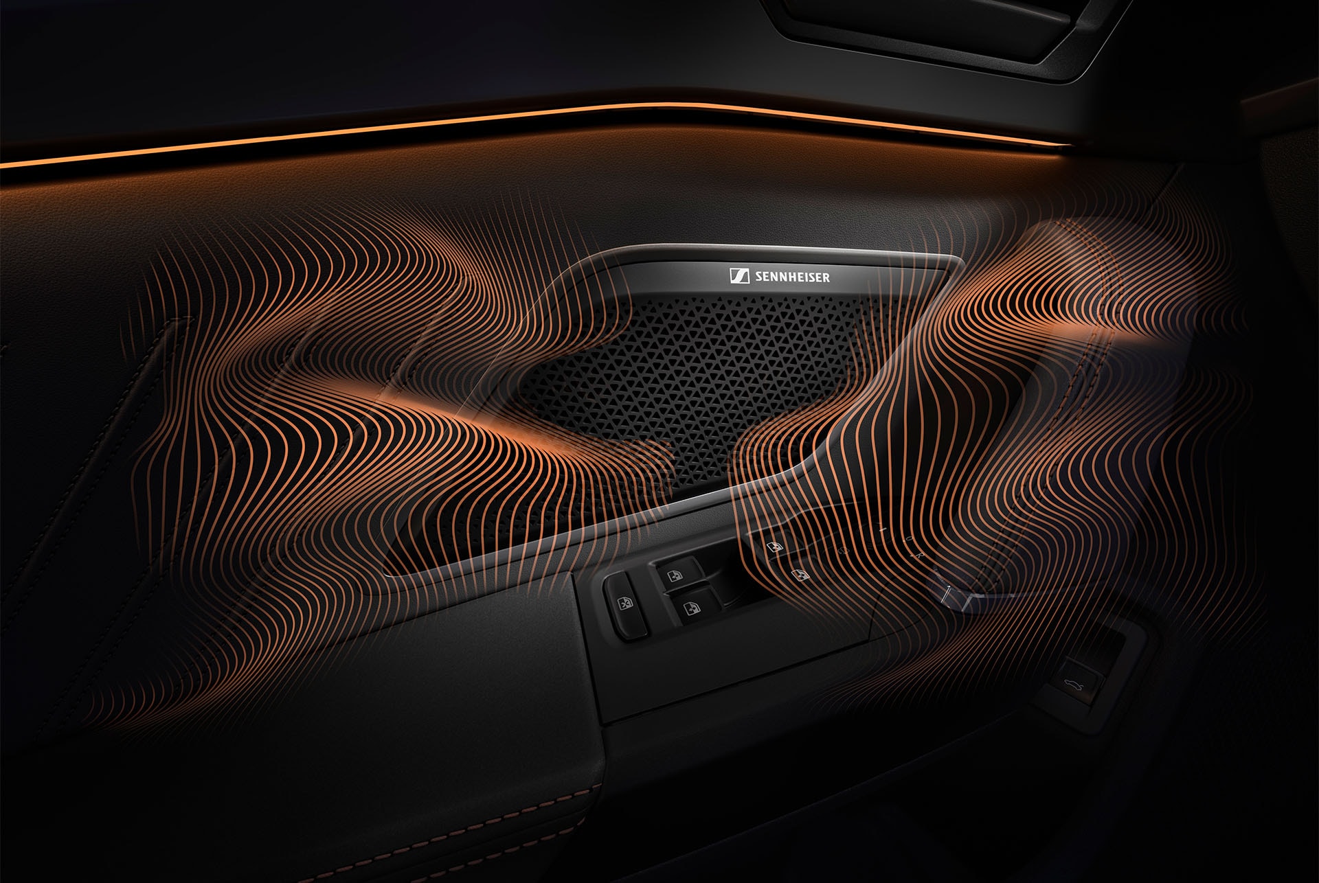 Visualization of Immersive by Sennheiser’s system emitting and distributing sound waves within the CUPRA Formentor’s cabin to create an immersive acoustic experience.