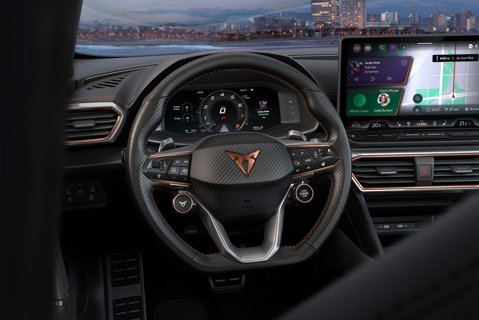 Design details of the CUPRA Formentor’s cockpit, including the steering wheel and the infotainment system with access to Intelligent Drive options.