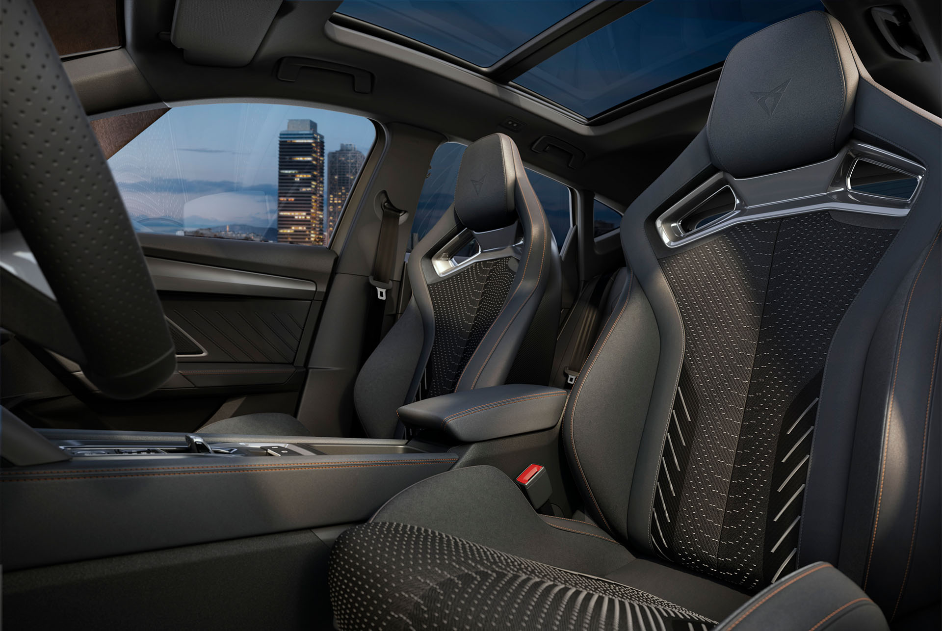 Close up of the CUPRA Formentor’s front seats showing the upholstery details and design lines from the Extreme Pack.