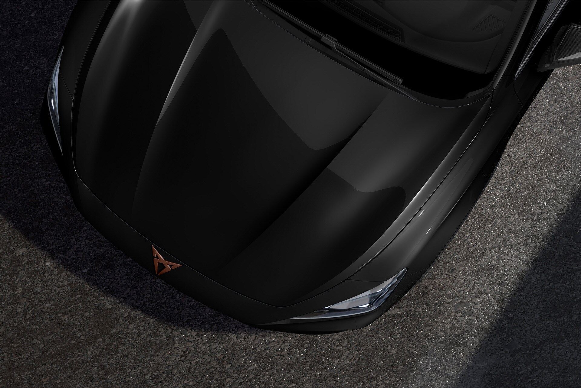 Upper shot of the front nose of the CUPRA Formentor in Midnight Black with metallic finish.