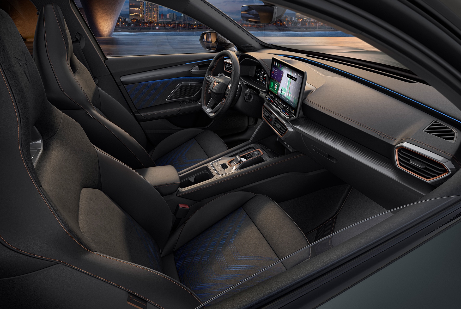 Angle, side shot of the driver and passenger electric bucket seats, crafted from 73% recycled vegan microfibre. These seats are part of the Dynamic Design available for the CUPRA Formentor.