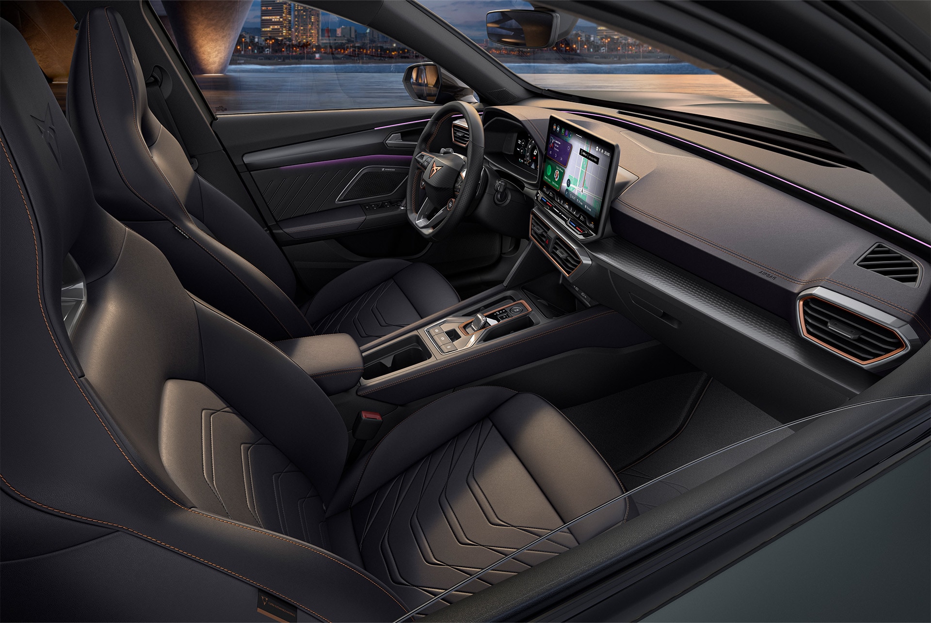 Angle shot of the driver and passenger bucket seats, upholstered in authentic black leather. These seats are part of the Progressive Design upgrade for the CUPRA Formentor.
