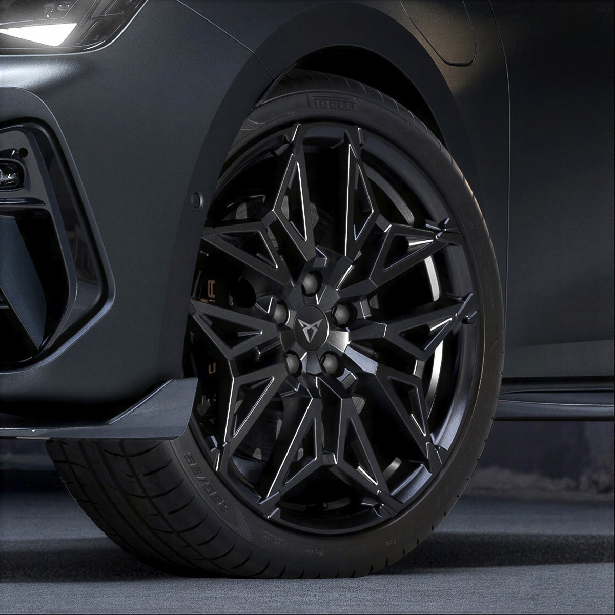 Details of the Custom 19-inch alloy wheel with a multi-spoke design in Sport Black Matt, part of the Custom Pack for the CUPRA Leon SP.