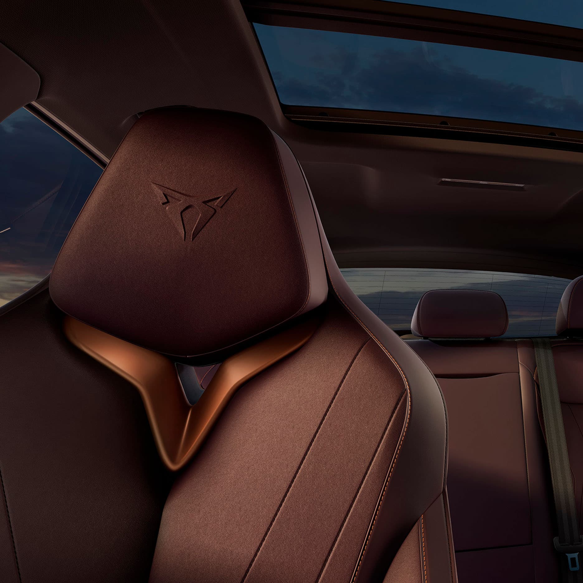 CUPRA Terramar’s interior details, including sporty and sustainable bucket seats, which embossed logo and copper stitching.