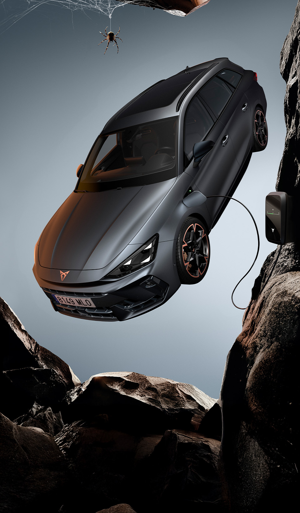 A dynamic scene featuring a CUPRA car in a sleek dark metallic color, positioned beside a blurred figure of a woman in a white dress using a VR headset and holding a conductor’s baton. 