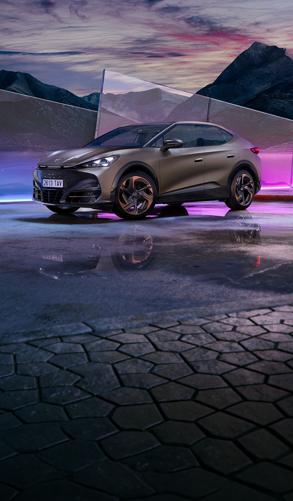 A blue CUPRA car in a surreal scene, superimposed in front of a group of people all facing away except for one man looking back at the viewer. 