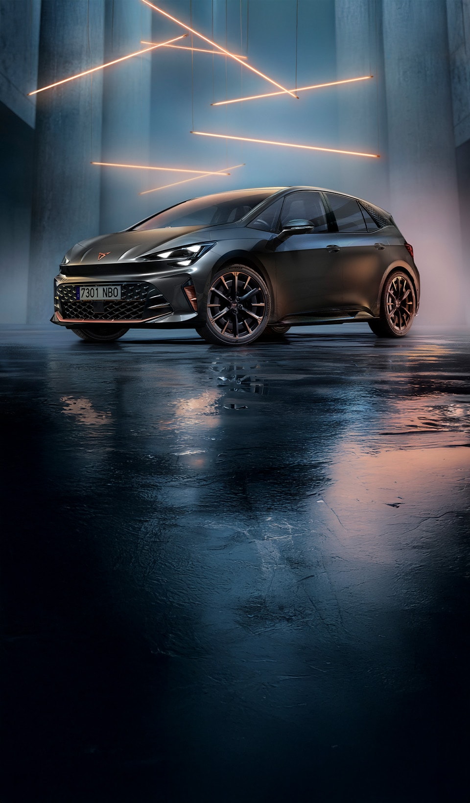 A CUPRA Terramar SUV shown from a high angle, appearing to be in motion with a red light streak extending from its side to a person lying horizontally in the air next to it.